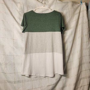 Round neck, triple color block stripe T-shirt, green/white/gray stripes